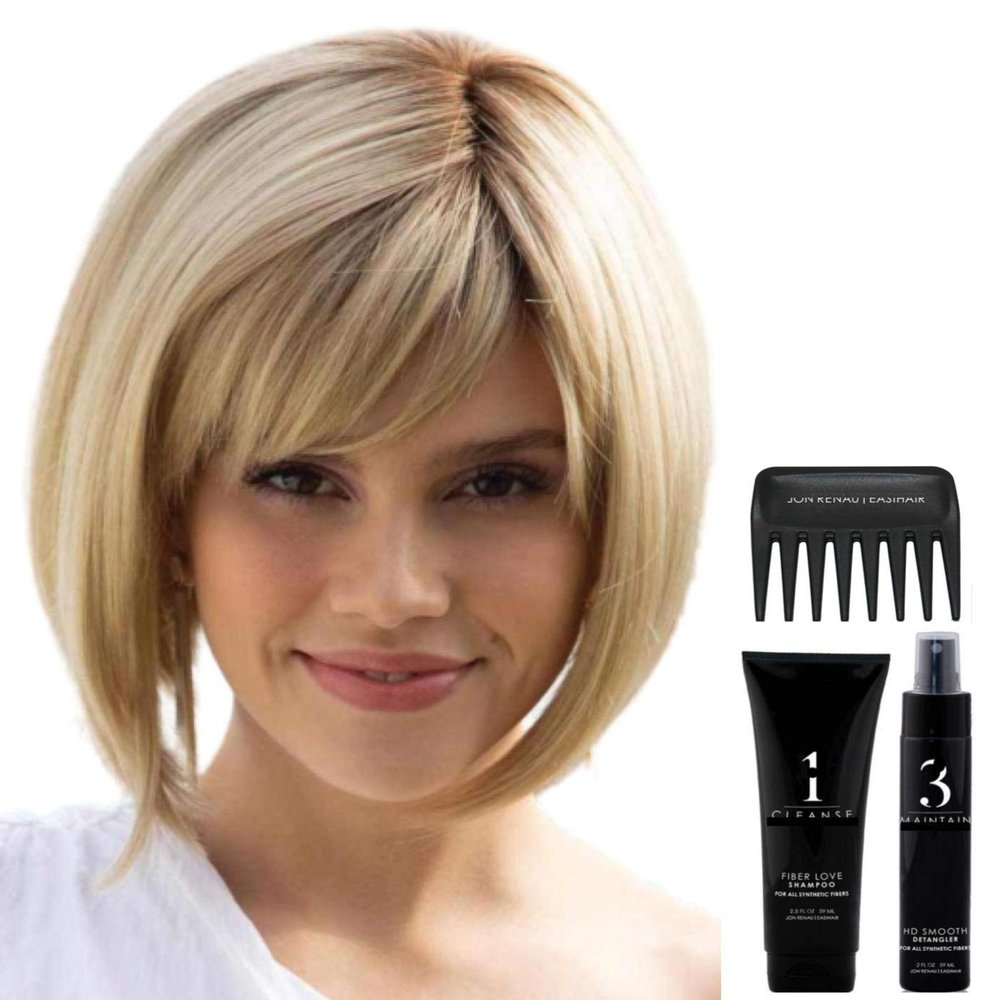 Bundle - 5 items: Scorpio PM Wig by Rene Paris, Christy's Wigs Q & A Booklet, 2oz Travel Size Wig Shampoo, HD Smooth and Wide Tooth Comb - Color: Mochaccino