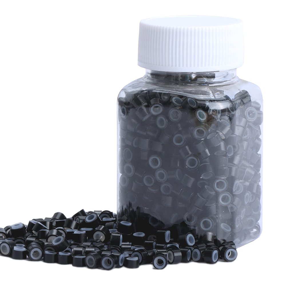NIACONN 1000pcs 5 mm Tinsel Hair Extensions Beads, Silicone Lined Ring Micro Link I-tip Beads for Hair Extension - Black