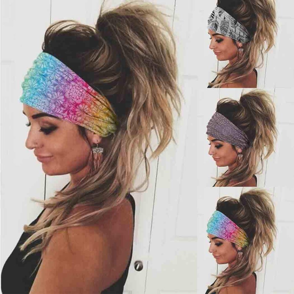 Olbye Boho Headbands Women Wide Hairbands Elastic Turban Head Bands Non Slip Floral Hair Bands Workout Head Wraps Yoga Hair Scarfs Fashion Hair Accessories for Women 3Pcs (Boho)