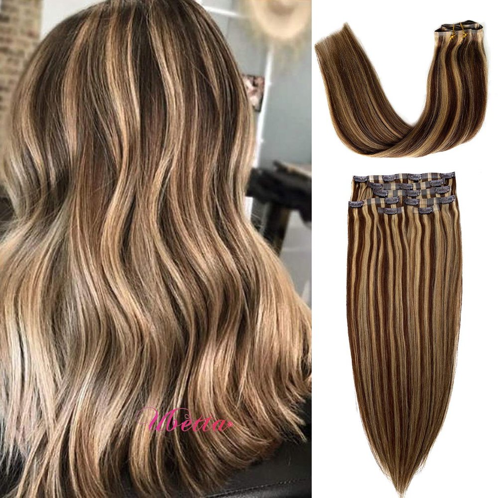 Remy Hair Extensions Clip in Human Hair Chocolate Brown to Bleach Blonde Highlights Hair Extensions Skin Weft Clip in Hair 7 pcs Seamless Pu Weft Cip in Hair Extensions 16 Inch 100 Gram for Women