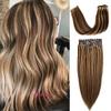 Remy Hair Extensions Clip in Human Hair Chocolate Brown to Bleach Blonde Highlights Hair Extensions Skin Weft Clip in Hair 7 pcs Seamless Pu Weft Cip in Hair Extensions 16 Inch 100 Gram for Women view 1