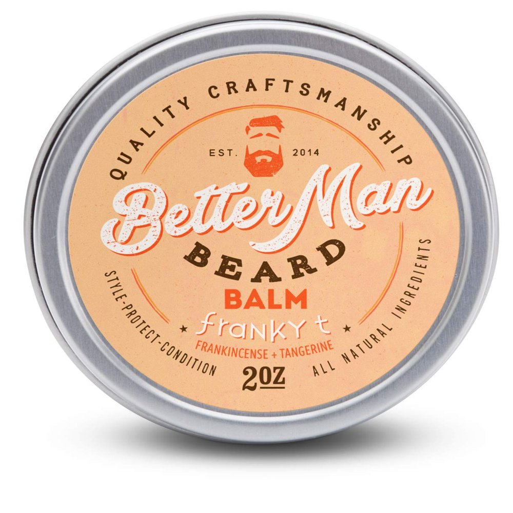 BETTER MAN BEARD Franky T Balm (Frankincense + Tangerine) - 2 oz All-Natural Moisturizing Beard Balm with Therapeutic Grade Essential Oils & 100% Natural Formula - BLM-FRT2