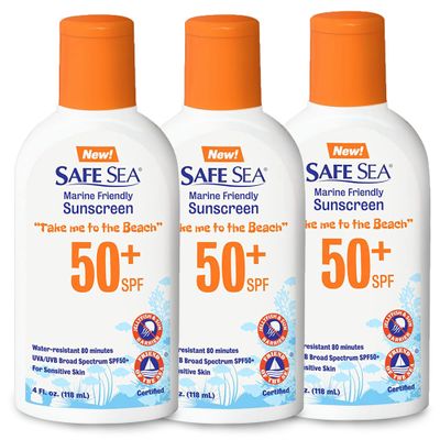 Safe Sea Jellyfish Sting-Blocking Sunscreen, SPF 50+ Lotion 4oz, Waterproof, Biodegradable, Coral Reef-Safe Body and Face Sunscreen, Anti-Jellyfish and Sea-Lice sting protection. 4 FL Oz (Pack of 3)