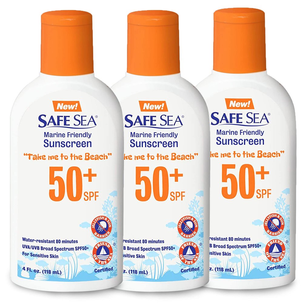 Safe Sea Jellyfish Sting-Blocking Sunscreen, SPF 50+ Lotion 4oz, Waterproof, Biodegradable, Coral Reef-Safe Body and Face Sunscreen, Anti-Jellyfish and Sea-Lice sting protection. 4 FL Oz (Pack of 3)
