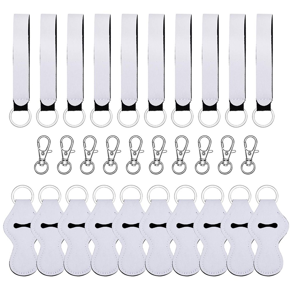 20 Pack Sublimation Blanks Chapstick Holder Keychains, Neoprene Lipstick Holder Keychainr with Lanyards Wristlet and 10 Metal Clip Cords