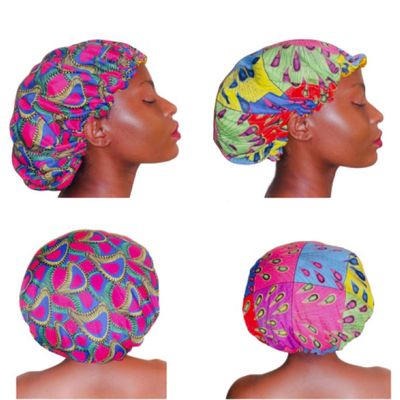 African Print Hair Bonnet Adjustable Ankara Design with Satin Interior 2-Pack Set (Pink Fusion)