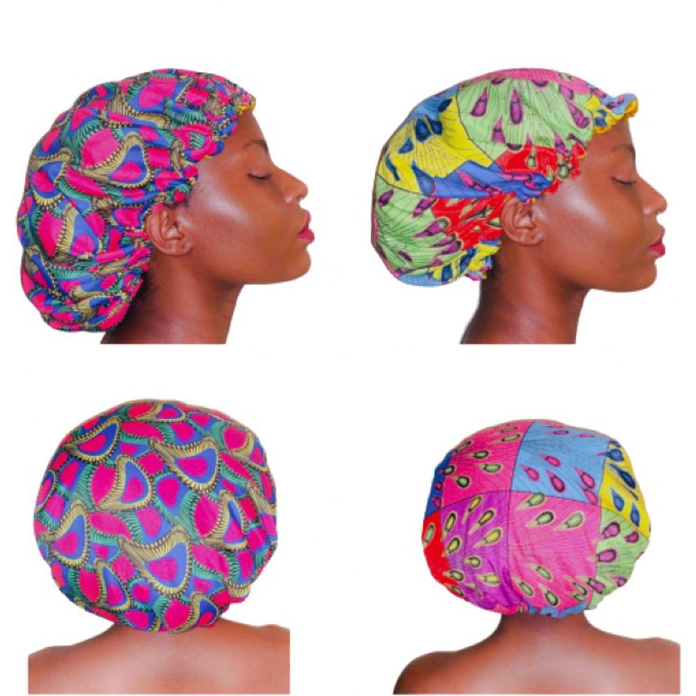 African Print Hair Bonnet Adjustable Ankara Design with Satin Interior 2-Pack Set (Pink Fusion)