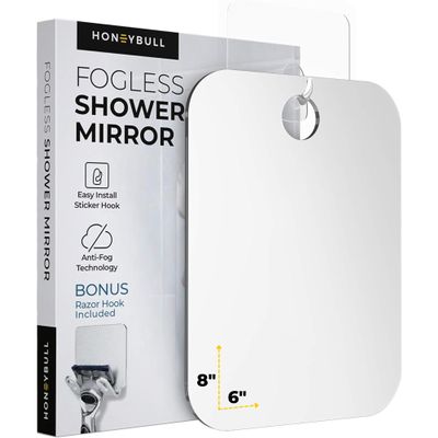 HONEYBULL Fogless Shower Mirror for Shaving Anti-Fog Acrylic Mirror with Razor Holder, No-Drill Wall Mount, Flat Design for Steam Showers, Medium 6x8in