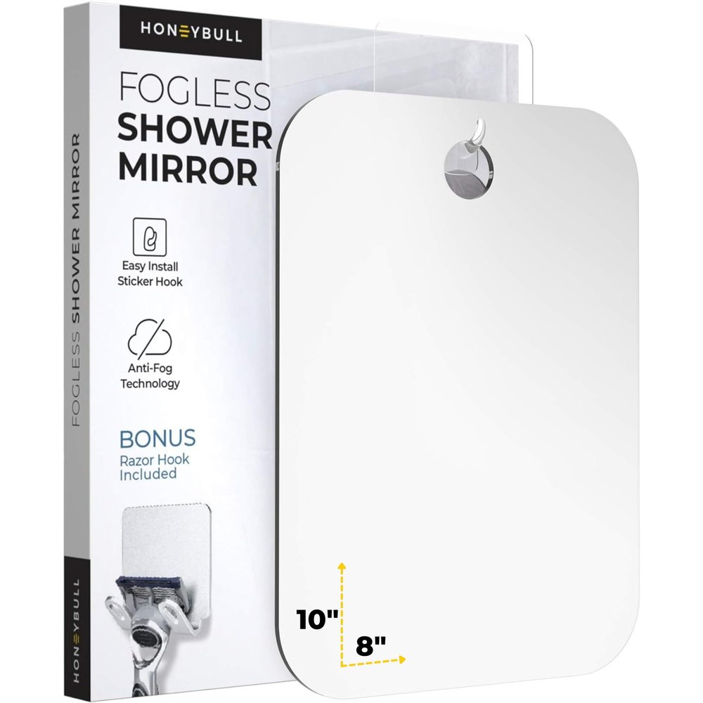 HONEYBULL Fogless Shower Mirror for Shaving Anti-Fog Acrylic Mirror with Razor Holder, No-Drill Wall Mount, Flat Design for Steam Showers, Large 8x10in