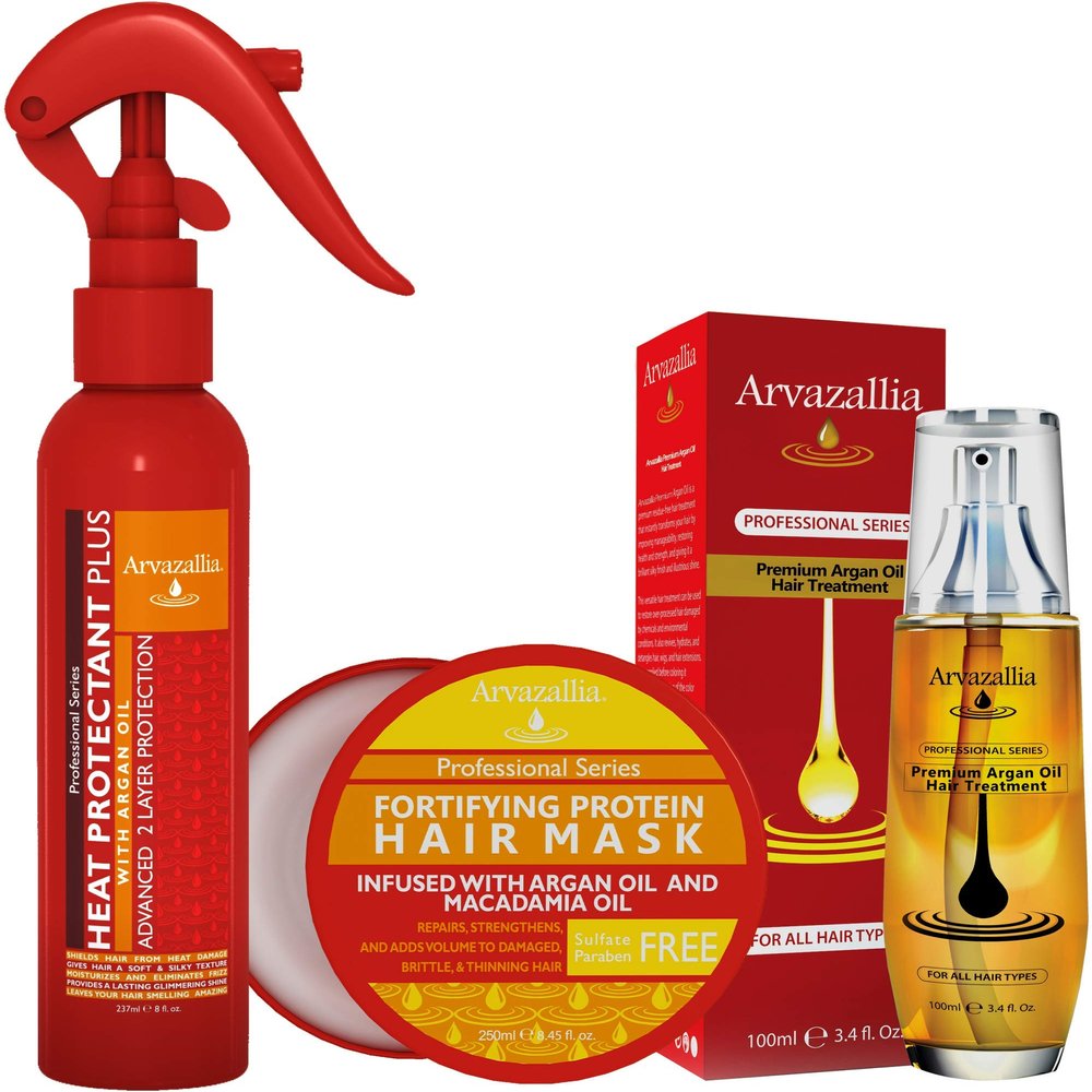 Arvazallia Heat Protectant, Protein Hair Mask, and Argan Oil Hair Treatment Bundle - Ultimate Hair Care for Heat Damage Protection, Repair, and Strengthening