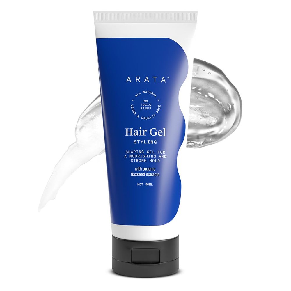 Arata All-Natural Hair Gel For Studio Styling, Shaping & Nourishment | Wet Strong-Hold Look For Men and Women | Ayurvedic Extracts Of Organic Flaxseed & Olive Oil - 1.7 Fl Oz