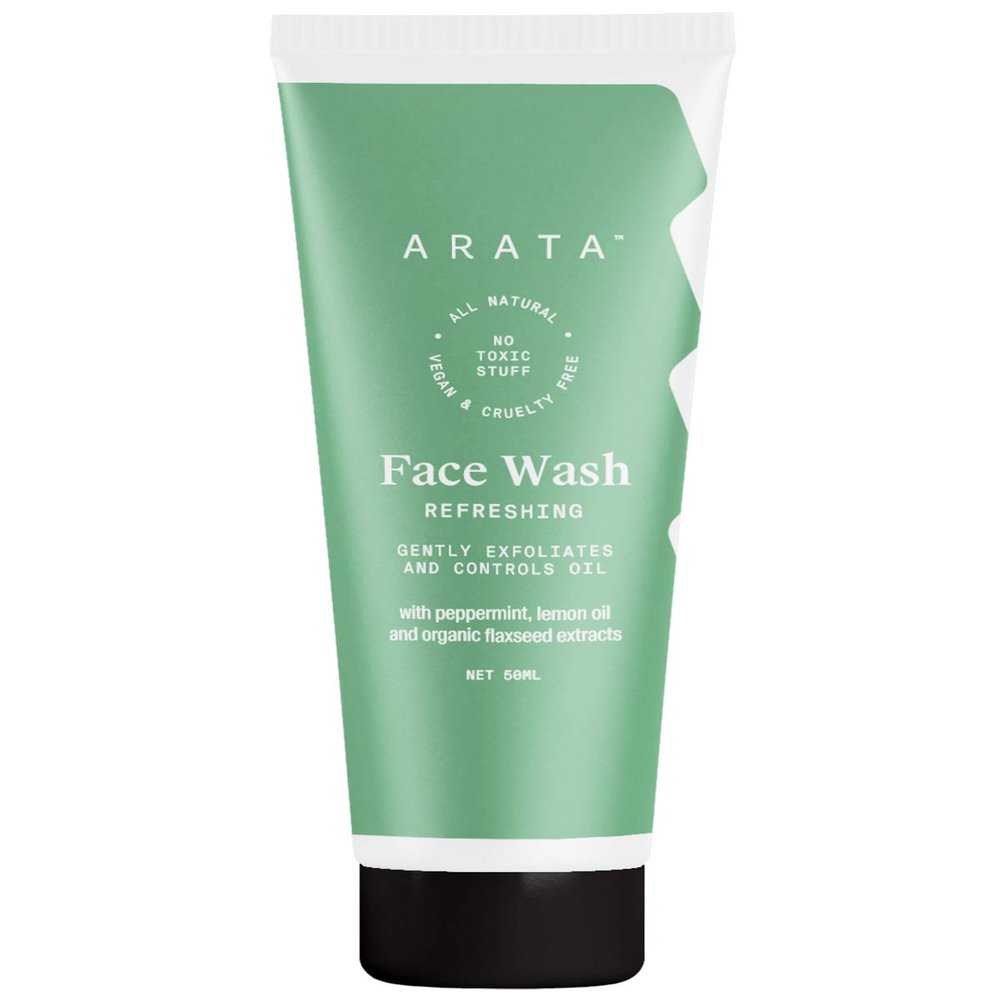 Arata Refreshing Face Wash With Ayurvedic Lemon Oil, Peppermint & Organic Flaxseed | EWG Certified, All Natural, Vegan & Cruelty-Free | Gently Exfoliates & Reduces Oil | For Women & Men - 1.7 Fl Oz