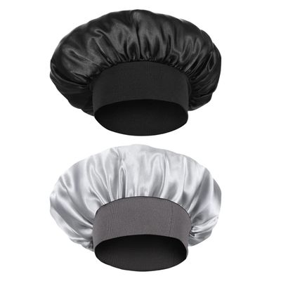 2pcs Wide Band Satin Bonnet Night Sleep Cap Elastic Hair Bonnet Night Sleeping Head Cover for Women Girls (Black + Silver)