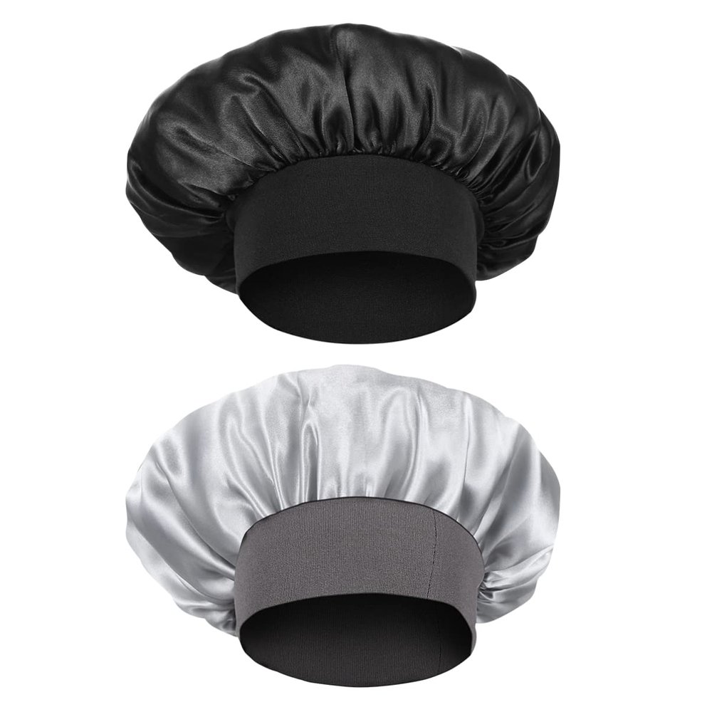 2pcs Wide Band Satin Bonnet Night Sleep Cap Elastic Hair Bonnet Night Sleeping Head Cover for Women Girls (Black + Silver)