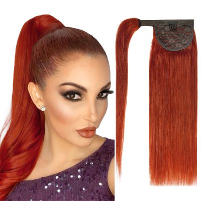 16" Ponytail Extension Human Hair #350 Copper Red Clip in Ponytail Hair Extension 75g Straight Remy Human Hair Wrap Around Ponytail for Women
