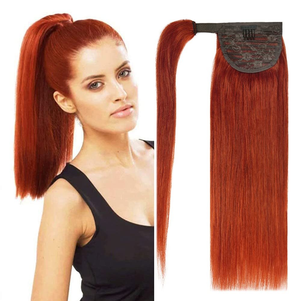 14" Ponytail Extension Human Hair 70g #350 Copper Red 100% Remy Human Hair Wrap Around Ponytail Long Straight Ponytail Extension One Piece Hairpiece for Women (14", Copper Red)