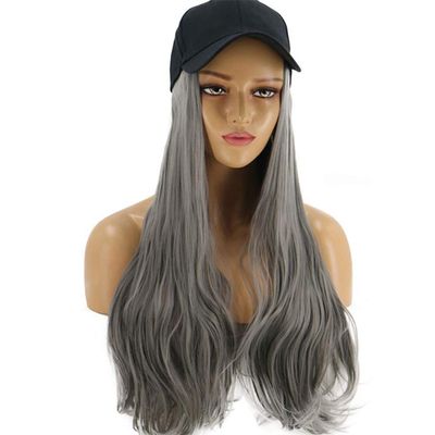 shlutesoy Fashionable Cute Women Girl Long Curly Wig Synthetic Hairpiece Hair Extension with Baseball Cap Grandma Grey