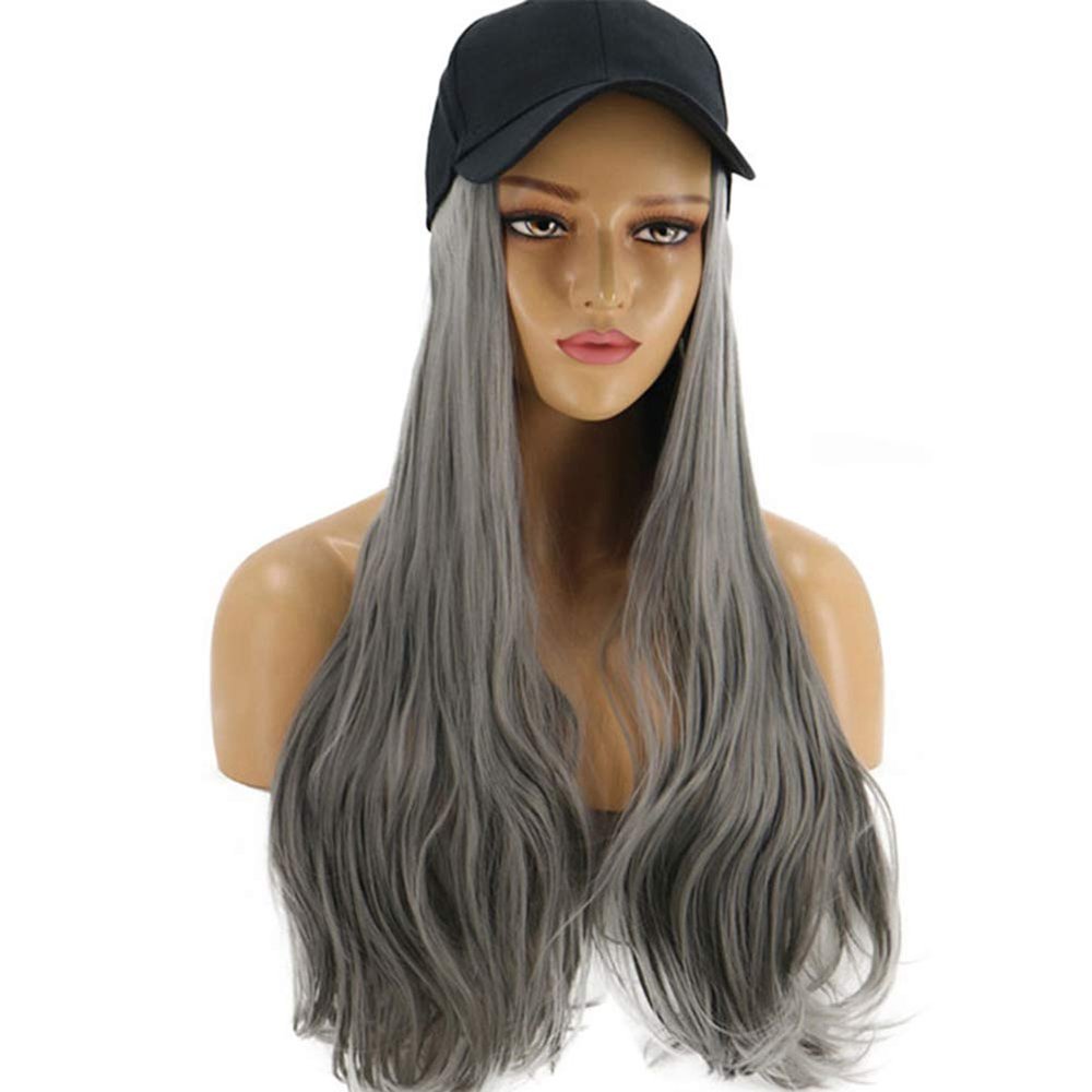 shlutesoy Fashionable Cute Women Girl Long Curly Wig Synthetic Hairpiece Hair Extension with Baseball Cap Grandma Grey