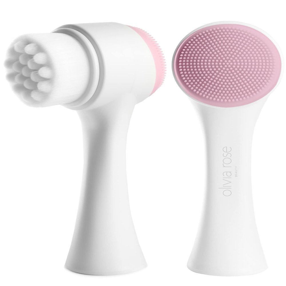 Olivia Rose Facial Cleansing Brush - 2 in 1 Face Wash Brush Manual Dual Face Scrub Brush for Gentle Exfoliating, Deep Pore Cleansing, and Face Massaging Suitable for All Skin Types White/Pink
