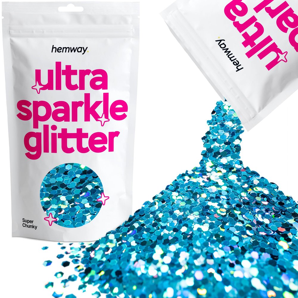 Hemway Premium Ultra Sparkle Glitter Multi Purpose Metallic Flake for Arts Crafts Nails Cosmetics Resin Festival Face Hair - Ocean Blue Holographic - Super Chunky (1/8" 0.125" 3mm) 100g / 3.5oz