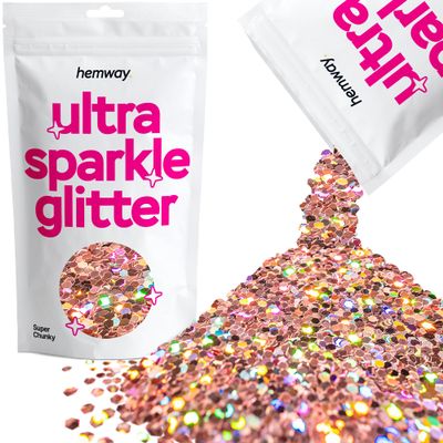 Hemway Premium Ultra Sparkle Glitter Multi Purpose Metallic Flake for Arts Crafts Nails Cosmetics Resin Festival Face Hair - Rose Gold Holographic - Super Chunky (1/8" 0.125" 3mm) 100g / 3.5oz