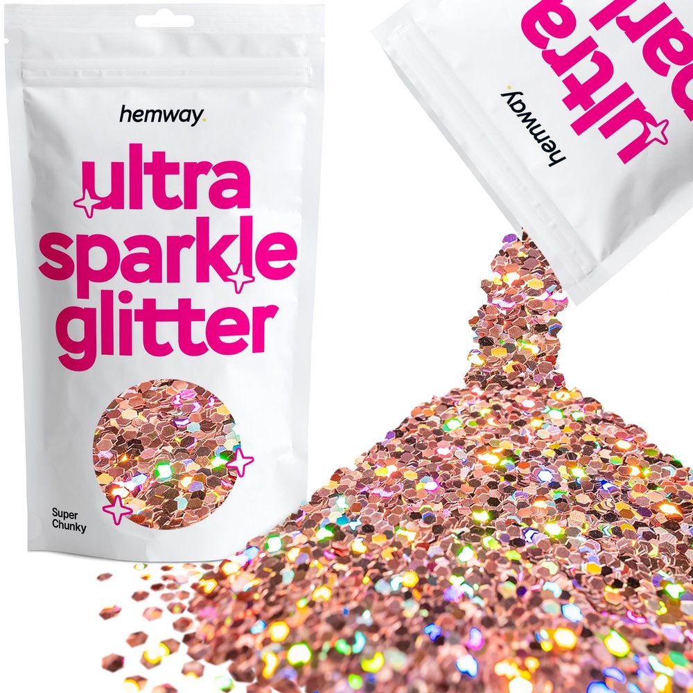 Hemway Premium Ultra Sparkle Glitter Multi Purpose Metallic Flake for Arts Crafts Nails Cosmetics Resin Festival Face Hair - Rose Gold Holographic - Super Chunky (1/8" 0.125" 3mm) 100g / 3.5oz