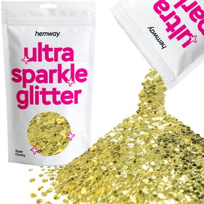 Hemway Premium Ultra Sparkle Glitter Multi Purpose Metallic Flake for Arts Crafts Nails Cosmetics Resin Festival Face Hair - Sand Gold - Super Chunky (1/8" 0.125" 3mm) 100g / 3.5oz