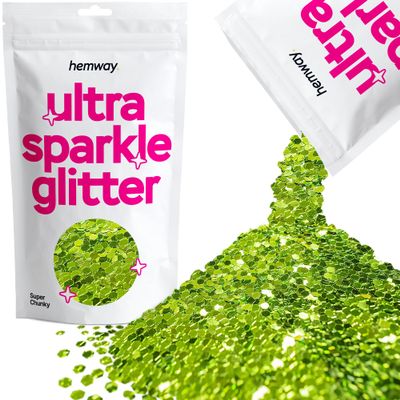 Hemway Premium Ultra Sparkle Glitter Multi Purpose Metallic Flake for Arts Crafts Nails Cosmetics Resin Festival Face Hair - Lime Green - Super Chunky (1/8" 0.125" 3mm) 100g / 3.5oz