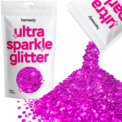 Hemway Premium Ultra Sparkle Glitter Multi Purpose Metallic Flake for Arts Crafts Nails Cosmetics Resin Festival Face Hair - Fuchsia Pink - Super Chunky (1/8" 0.125" 3mm) 100g / 3.5oz