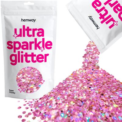 Hemway Premium Ultra Sparkle Glitter Multi Purpose Metallic Flake for Arts Crafts Nails Cosmetics Resin Festival Face Hair - Pink Holographic - Super Chunky (1/8" 0.125" 3mm) 100g / 3.5oz