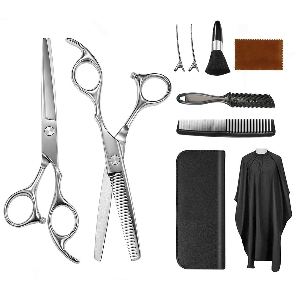 9 Pcs Professional Hair Cutting Scissors Set, Hairdressing Scissors Kit, Neck Duster, Thinning Scissors, Hair Comb, Cape, Clips for Men and Women Barber Salon Home