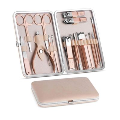 18PCS Professional Grooming Manicure & Pedicure Tool Kit | Stainless Steel Rose Gold | Nail Care Tools with Luxurious Travel Case Compact Storage