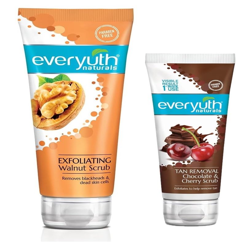 Everyuth Exfoliating Walnut Scrub, 100gm and Chocolate and Cherry Tan Removal Scrub 50gm, Combo Pack
