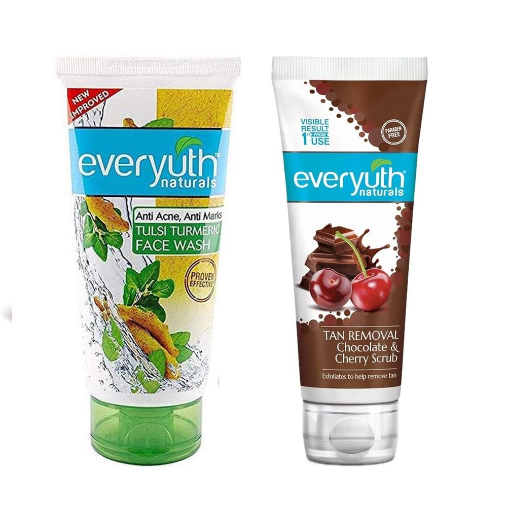 Everyuth Tulsi Turmeric Face Wash and 50g and Chocolate and Cherry Tan Removal Scrub 50gm, Combo Pack