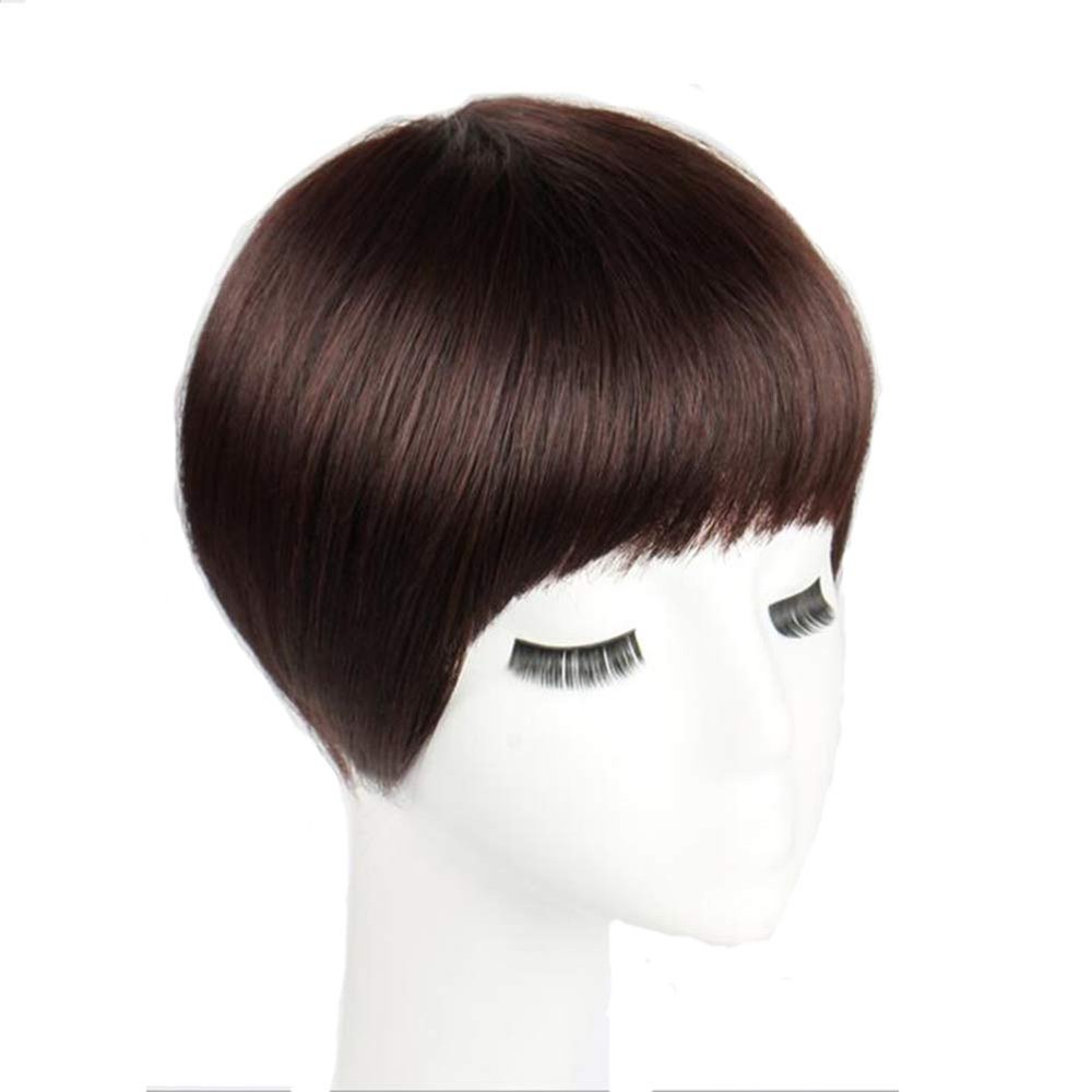 Short Straight Hair Topper Hair Pieces Toupee Human Hair Topper Clip in Topper with Bangs Invisible Hairpiece Topper for Women Thinning Hair Loss Hair Dark Brown 5"x5.5"