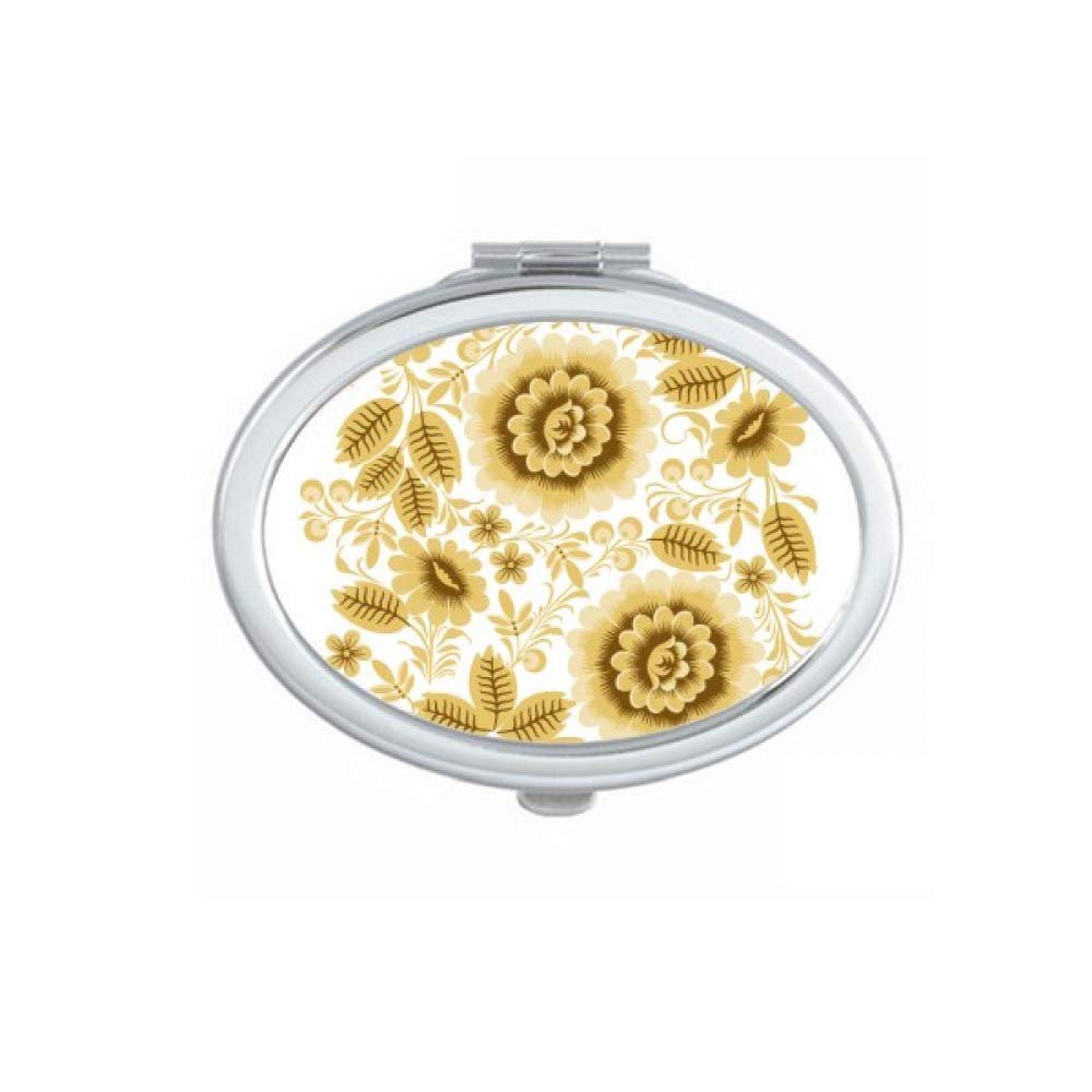 Yellow Golden Classic Floral Pattern Flowers Mirror Portable Fold Hand Makeup Double Side Glasses