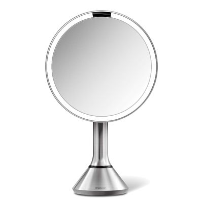 simplehuman 8" Round Sensor Makeup Mirror with Touch-Control Dual Light Settings, 5x Magnification, Rechargeable and Cordless, Brushed Stainless Steel