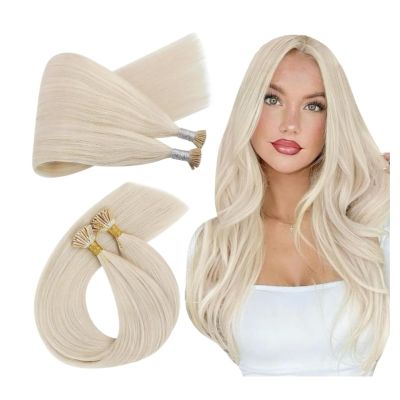 Ugeat Blonde I Tip Extensions for Party Platinum Blonde I Tip Hair Extensions Human Hair Itips Invisible Comfortable Long Lasting No Glue Needed for Women 14 Inch 50S