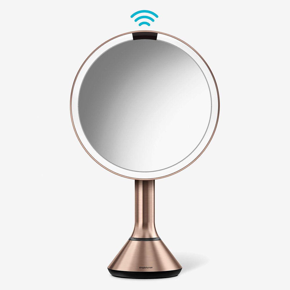 simplehuman Sensor Mirror, Lighted Makeup Mirror with Magnification (5X), 8" Round Magnifying Vanity Mirror with Lights, Cordless, Rose Gold Stainless Steel