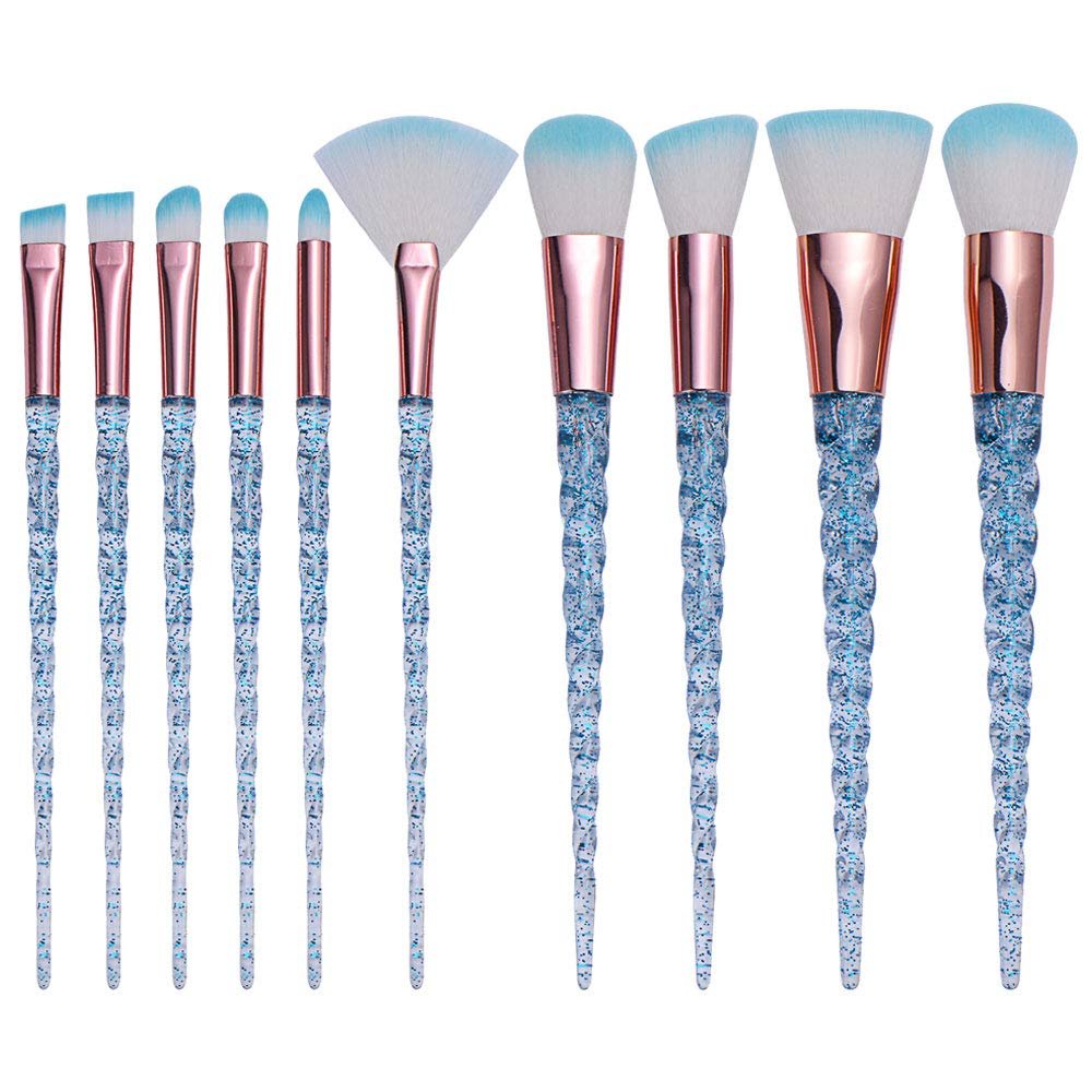 10 PCS Girly Makeup Brushes Set Crystal Glitter Transparent Handle Powder Foundation Brush Concealer Eye Shadow Eyeliner Eyebrow Brush for Girls Ideal Beauty Tool for Women (Blue)
