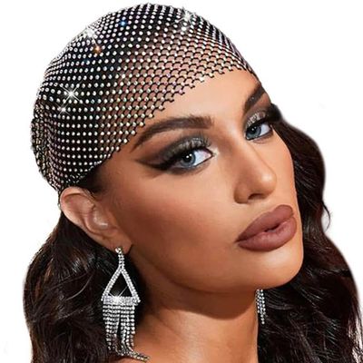 EARENT Rhinestone Head Scarf Black Rave Headbands Jewelry Bling Turban for Women