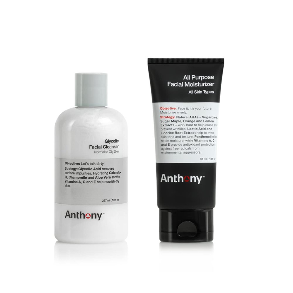 Anthony Essentials Duo Glycolic Facial Cleanser for Men and All-Purpose Facial Moisturizer - Mens Hydrating Lotion for Dry Skin