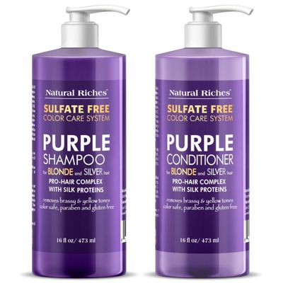 Natural Riches Purple Shampoo and Conditioner Set for Blonde, Silver & Grey Hair Sulfate-Free, Color-Safe, Removes Brassy & Yellow Tones for Natural, Highlighted, and Bleached Hair 16x2 fl oz