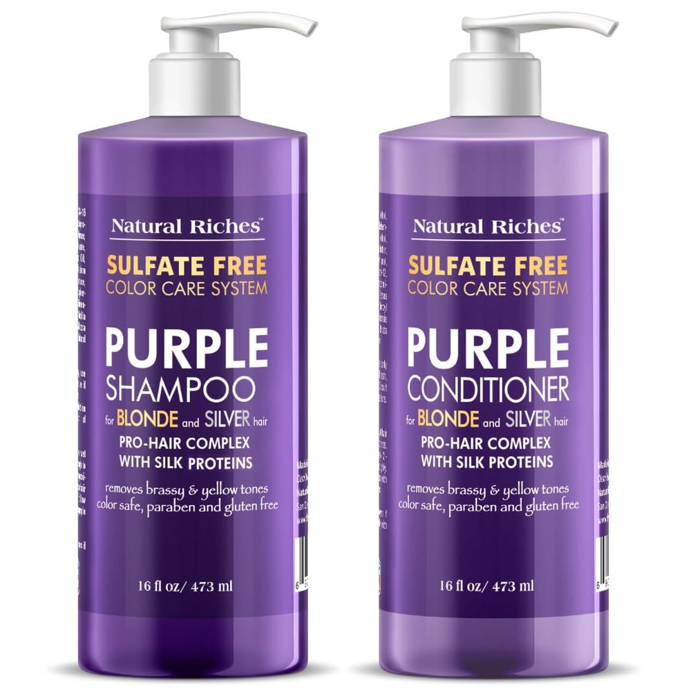 Natural Riches Purple Shampoo and Conditioner Set for Blonde, Silver & Grey Hair Sulfate-Free, Color-Safe, Removes Brassy & Yellow Tones for Natural, Highlighted, and Bleached Hair 16x2 fl oz