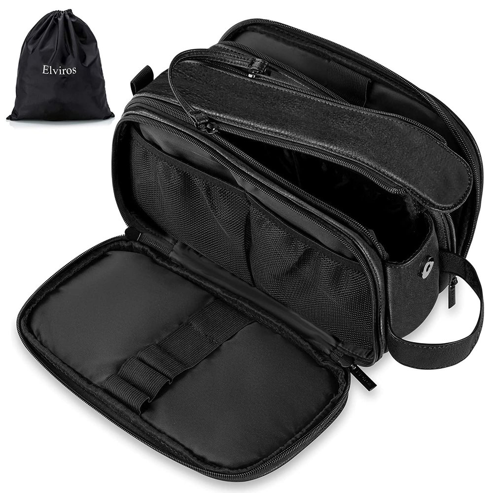 Elviros Travel Toiletry Bag for Men, Shaving Dopp Kit Water-resistant Bathroom Small Toiletries Organizer PU Leather Cosmetic Bags