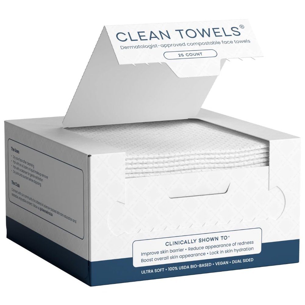 Clean Skin Club Clean Towels, 100% USDA Biobased Face Towel, Disposable Face Towelette, Eczema Association Accepted, Makeup Remover Dry Wipes, Ultra Soft, 1 Pack, 25 Ct