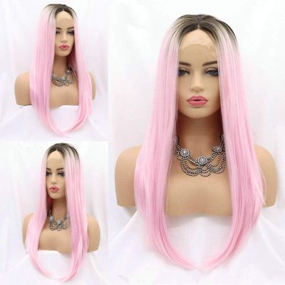 Baby Pink Lace Front Wigs for Women Ombre Long Silky Straight Glueless Wigs Pre Plucked Hairline Brown Ombre Coloful Real Hair Wigs Middle Part Synthetic Heat Resistant Cosplay Daily Wigs 16 Inch