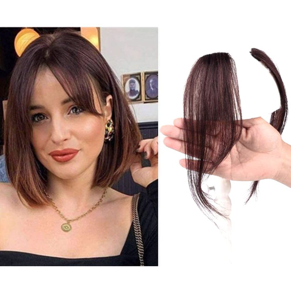 Layeder Remy Human Hair Bangs Straight Clip In Bangs Fake Fringe Long Front Side Bangs Hair Piece Human Hair Extensions Side Fringe 2pcs 25cm Hand Made Dark Brown