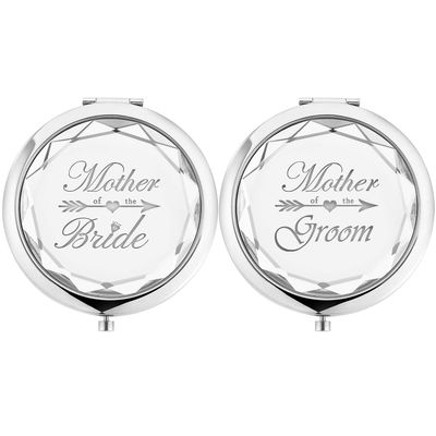 2 Pack,Wedding Keepsake Gift,1 Mother of the Bride makeup mirror 1 Mother of The Groom makeup mirror,Crystal Pocket Compact Makeup MirrorEngraved Present (silver)