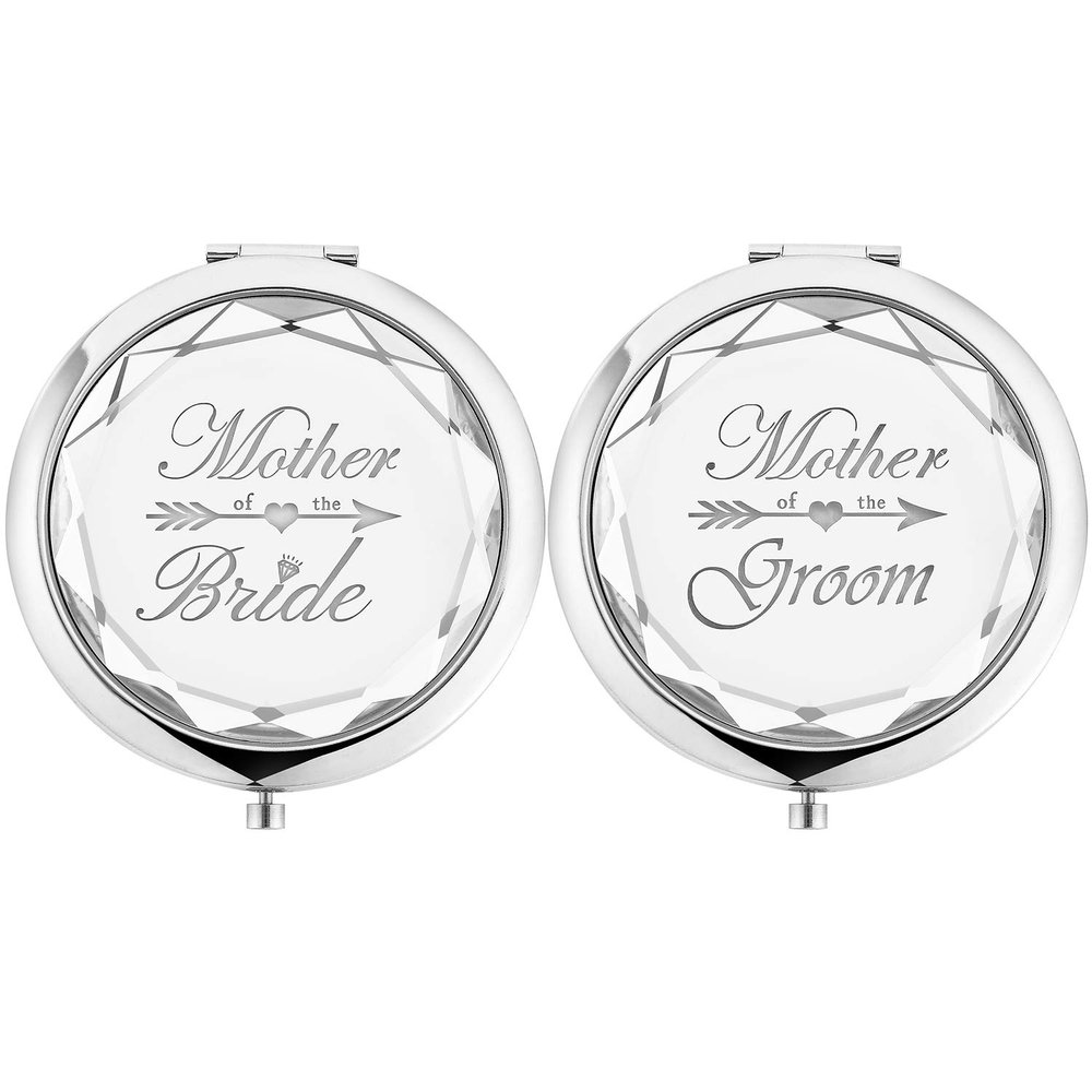 2 Pack,Wedding Keepsake Gift,1 Mother of the Bride makeup mirror 1 Mother of The Groom makeup mirror,Crystal Pocket Compact Makeup MirrorEngraved Present (silver)